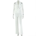 Detail of white halter neck top with draped cowl neckline and wide leg trousers set - S / White