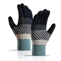 Guantes de punto azul marino con patrones geométricos beige y puños de canalé - Azul marino