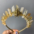 Handmade crown with natural citrine stones and gold bee charm on a thin metallic headband - Yellow Citrine Gold Bee