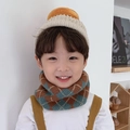 Kids beige knitted beanie hat and brown blue diamond pattern neck warmer scarf set - British Lake Blue Plaid