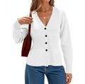 Detail of white V-neck knit cardigan with black buttons and ribbed cuffs on white backdrop - S / Off-white