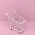 Pink mini metal shopping cart model for desk storage with white handle and wheels - Medium Full Pink Shopping Cart 13.5*9.5*15cm