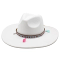 Detail of white wide-brim fedora with ethnic band, tassels and strawberry embroidery - M (56-59cm) / White