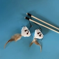 Two-pack interactive wooden cat wands with linen bird toys and natural feathers - Heart Shape Mouse
