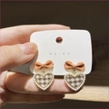 Vintage style S925 silver bow stud earrings with plaid heart charm and pearl trim - Orange Plaid