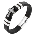 Men's retro leather bracelet with silver stainless steel cross and magnetic clasp - 19cm / Steel