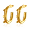 Detail of 18K gold-plated U-shaped oval earrings with three polished metal bead accents - Oval Beads Gold (MS-713)