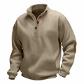 Details des khakifarbenen Rippstrickpullovers mit Knopfleiste und Ellbogen-Patches - S / Khaki 1