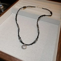 Three-layer vintage stone beaded necklace in black and grey with silver round pendant - 2# Necklace-Black-Bamboo Style