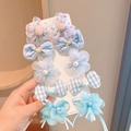 Light blue 10-piece cartoon hair clip set for girls featuring bows and mesh flowers - 343 Blue Bowknot 10pcs Set