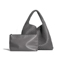 Dark grey hand-woven hobo tote bag and matching clutch set in premium faux leather - Shark Grey