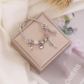 Silver snake chain charm bracelet with colorful enamel heart and fairy pendants - Pink