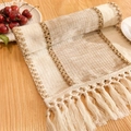Beige and khaki woven linen table runner with tassel fringe details for home decor - Wide Stripe Coffee - Knotted Tassels / 30*50cm