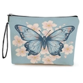 Hellblaue Kosmetiktasche aus Stoff mit Schmetterlings- und Blumenmuster und Handschlaufe - Blauer Schmetterling Komposition 1 (xy-073-1) / 17*25cm Mit Gurtband
