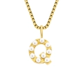 Gold stainless steel initial Q necklace with pearl accents on a vintage box chain - Letter Q - Gold