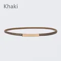 Minimalist slim khaki leather belt featuring a polished gold rectangular buckle for women - 105cm / Khaki