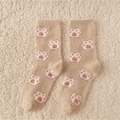 Chaussettes d'hiver épaisses en polaire corail kaki avec motif de pattes de chat rose et blanc - Patte de Chat Kaki Clair