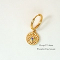 Detail view of 14K gold hoop earring with textured disc pendant and dimensions - Octagram Multicolor