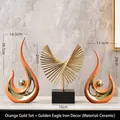 Three-piece modern ceramic phoenix and golden iron eagle decor set with black bases - Phoenix Flight Orange Gold Set With Golden Eagle Iron Art Ornament