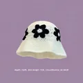 White handmade knit bucket hat with decorative sunflower details for women - M (56-58cm) / 3D Floral Basin Hat White