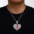 Collier chaîne hip hop avec pendentif coeur brisé argenté serti de strass et émail rouge - Pendentif Argent Avec Chaîne De Corde