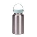 Silver stainless steel water bottle with mint green handle lid, 650ml portable flask - Silver - Cyan White Lid