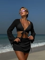 Dettaglio della trama a rete nera del set da spiaggia tre pezzi con bikini e cardigan corto - Nero