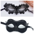Lace and polished plastic black masquerade masks with adjustable silk ribbons for women - Black + Solid Black