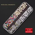 12-grid nail art kit with assorted pearls, rhinestones, and mixed studs in style G-55 - G-55 Style (Colored Pearl Gemstone Rhinestone Mix)