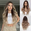 Detailed views of long wavy ombre blonde synthetic wig with voluminous curls for women - Ombre Golden