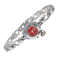 Close-up of silver heart-shaped bracelet watch with a vibrant red round dial - Silver/Red Dial