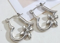 Silver stainless steel heart hoop earrings featuring floral details and a polished finish - Silver Style K7-96