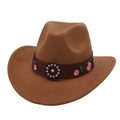 Detail of brown wool felt cowboy hat featuring leather band with pink floral embroidery - Khaki (Pink Flower Leather Band)