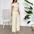 Women's two-piece cream white lounge set with one-shoulder top and wide-leg pants - XS / Apricot