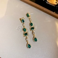 Vintage emerald green dangle earrings in gold finish with sparkling pavé details - 23# Green Oval Studs