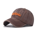 Close-up of vintage washed brown baseball cap with orange Los Angeles embroidery detail - Adjustable / Coffee