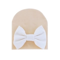 Beige newborn knit hat featuring a large white bow decoration for infants - 0-6 Months / Beige and White