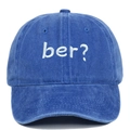 Close-up of vintage washed cotton fabric and white ber question mark embroidery - Sapphire Blue
