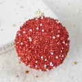 Sparkly red Christmas ball ornament with sequins and white pearls on golden hanger - Pearl Glitter Red Foam Ball