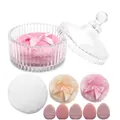 Cosmetic set with glass jar, long-hair glitter bow puff and pink beauty blenders - 1 Large White + 1 Beige + 1 Pink + 5 Pink Mini Puffs (In Jar)