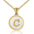 Gold round pendant necklace with letter C on white mother of pearl inlay and fine chain - Letter C / Gold