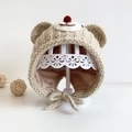 Beige baby knit earflap hat with cute bear ears and animal motif for warmth - Khaki Bear - Lined