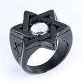 Anello vintage da uomo in acciaio nero con esagramma e pietra centrale trasparente lucida - US 7 / Esagramma Nero + Pietra Trasparente