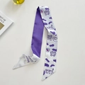 Slim purple silk scarf with cartoon cat illustration and Happy lettering for hair and bags - Cute Cow Purple