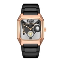 Men's square skeleton watch with rose gold case and black strap on a white background - Black Strap Rose Gold Case