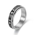 Rotating stainless steel spinner ring with celestial sun moon star pattern on black band - US 5 / 6mm Wide - Sun Moon Star