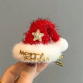 Plush red Christmas hat hair clip with gold Merry Christmas text and star detail - Star Santa Hat