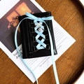 Black leather ballet style wallet featuring light blue ribbon lace-up and heart charm - Black Balletcore Wallet with Blue Ribbon
