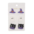 Set of 3 Halloween stud earrings featuring witch hat, ghost, and cauldron on card - Purple Hat Ghost Cauldron Studs Set