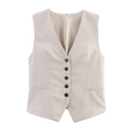 Women's two-piece set featuring a beige V-neck linen vest and matching casual shorts - S / Vest Top